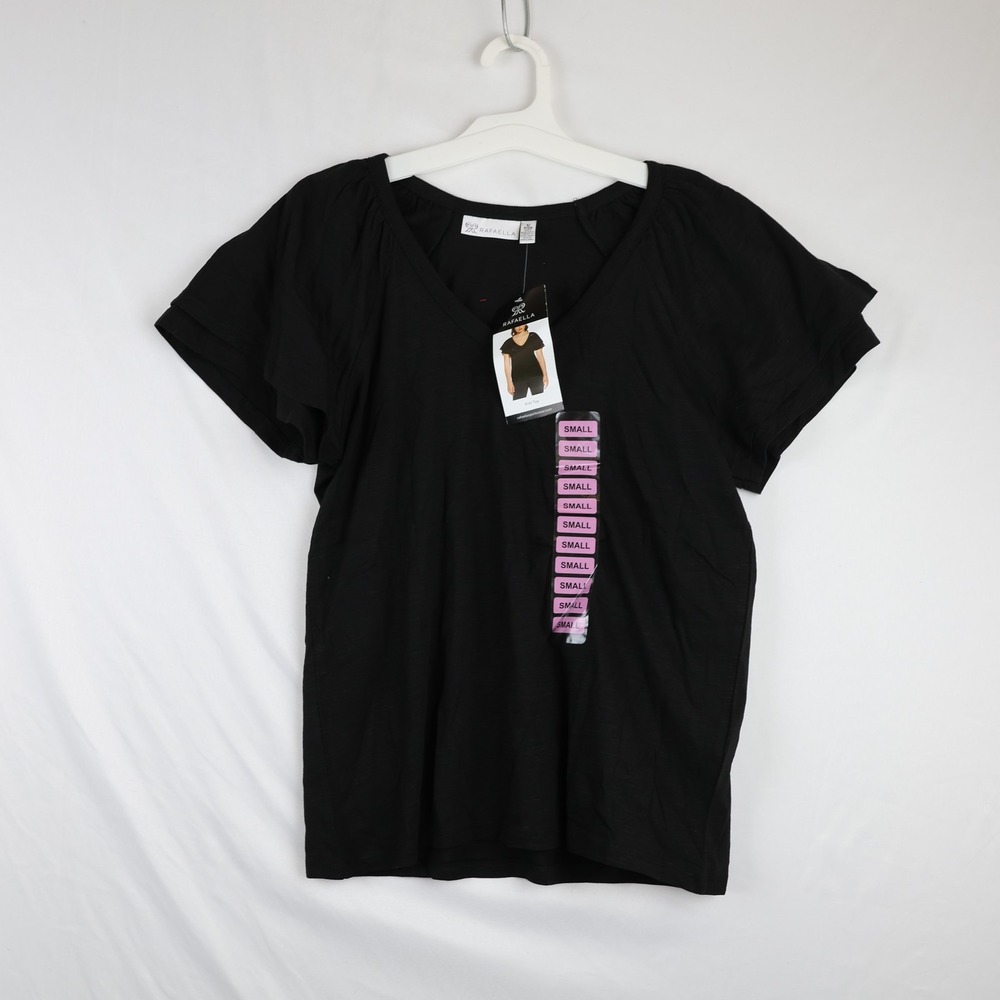 Rafaella Knit Top Shirt Womens Small Black RSKSC021 Short Sleeve V Neck Casual